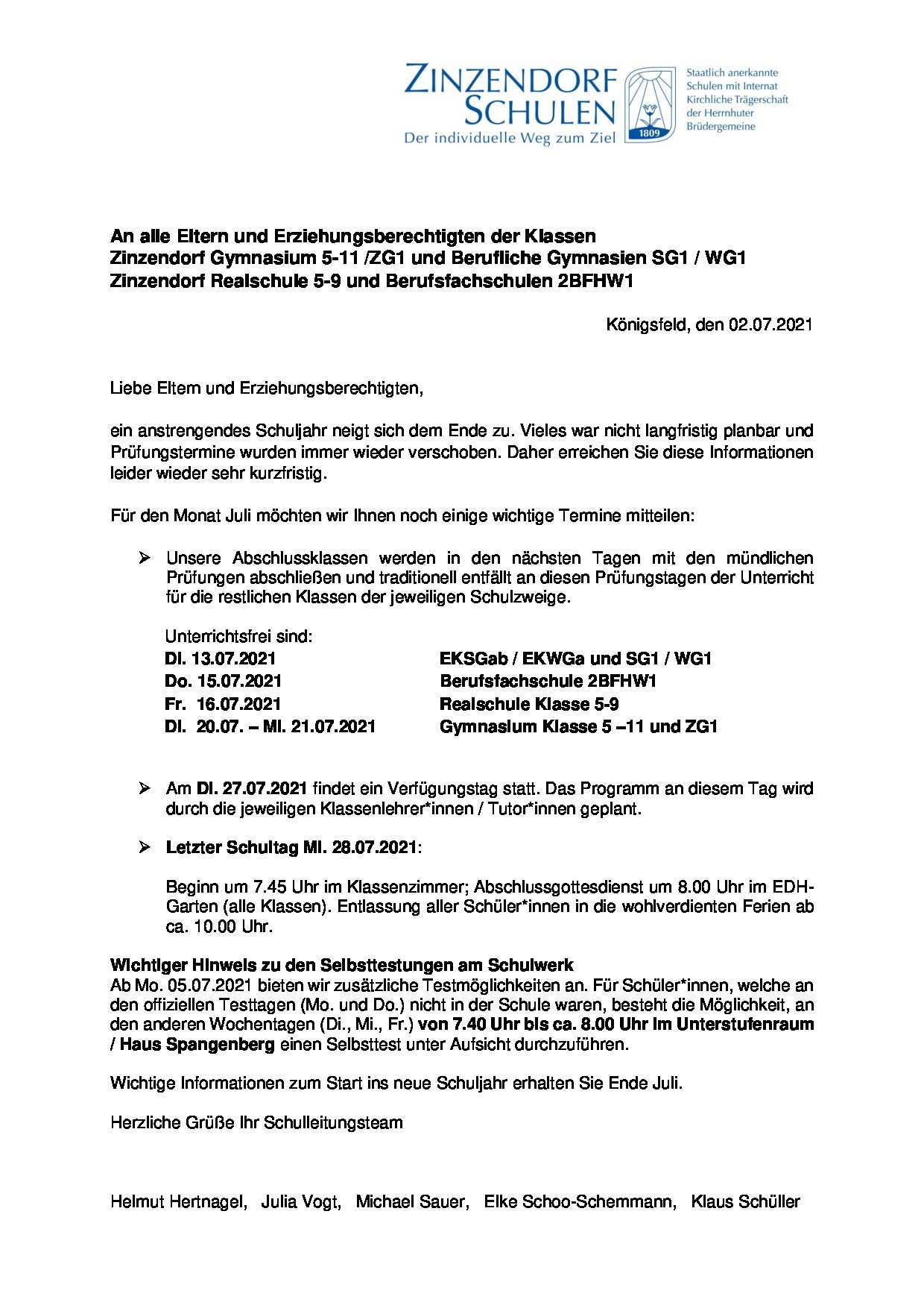 Unterrichtsfreie Tage wegen Prüfungen im Juli 2021