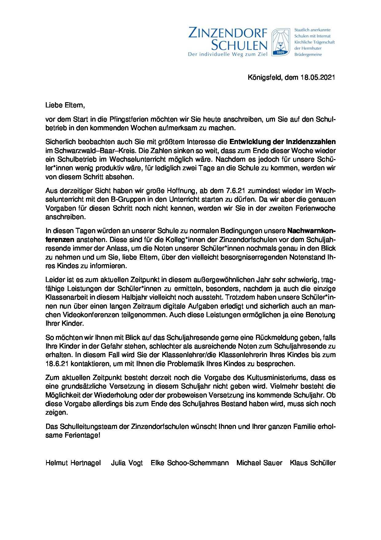 Elternbrief vor den Pfingstferien 2021