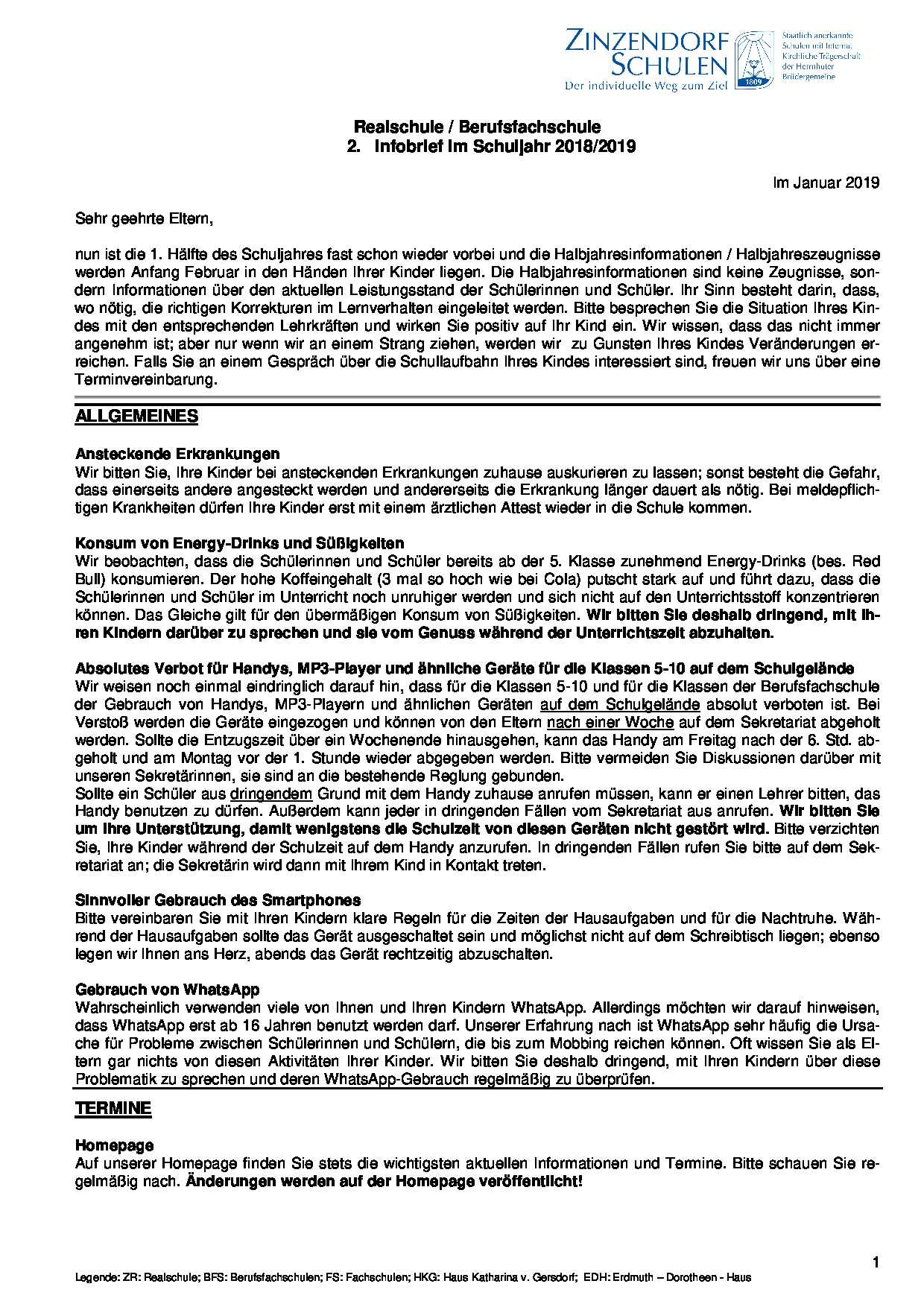Elternbrief Realschule/Berufsfachschule 2. Halbjahr 2018/19
