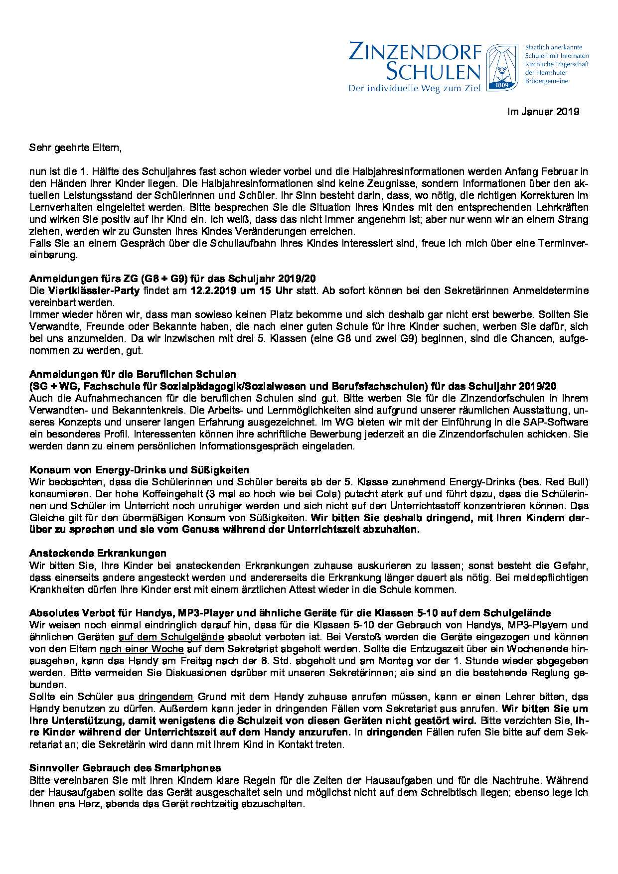 Elternbrief Gymnasium 2. Halbjahr 2018/19