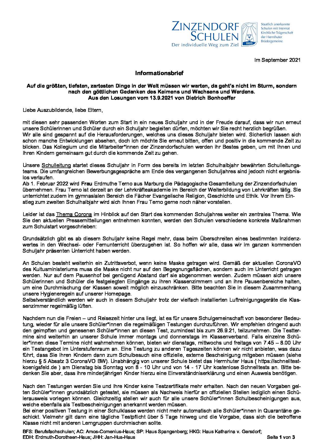 Elternbrief zum Schuljahresbeginn 2021-22 - Fachschulen für Sozialwesen/Sozialpädagogik