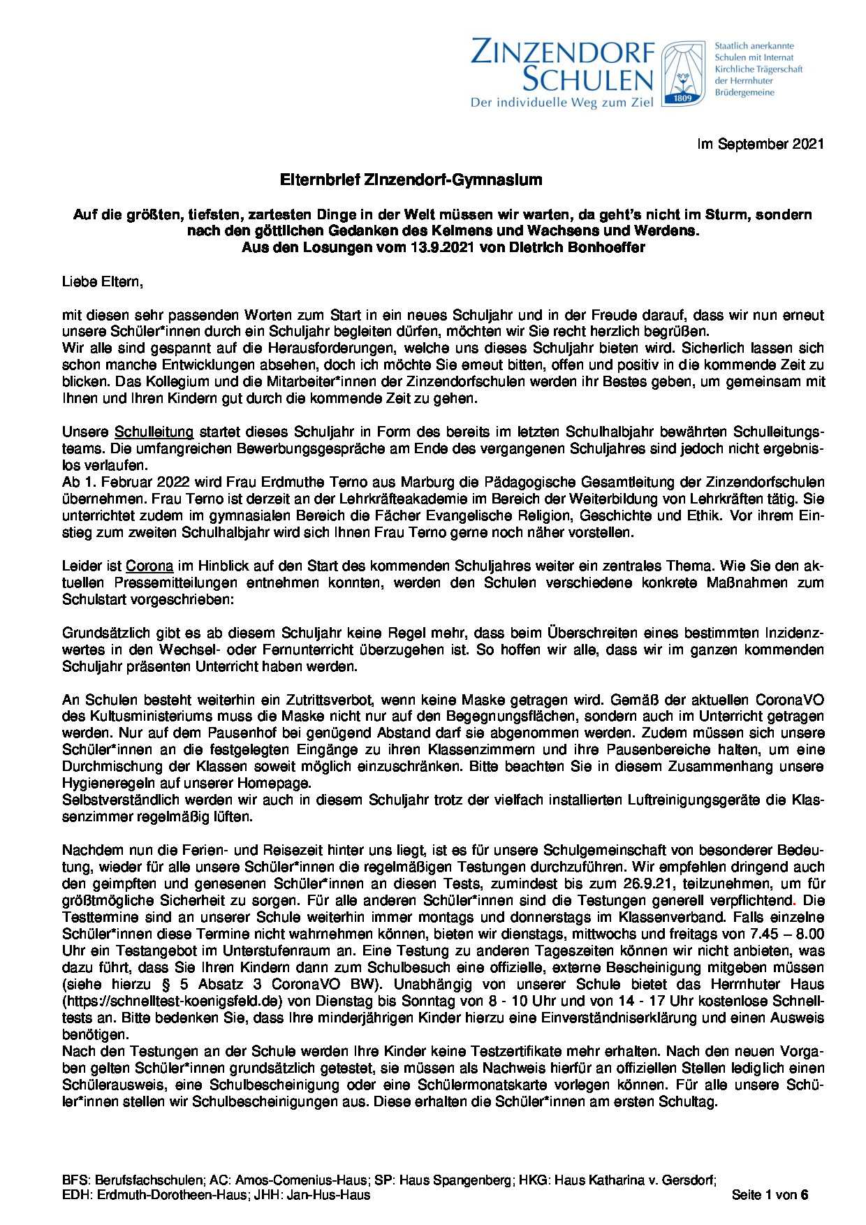 Elternbrief zum Schuljahresbeginn 2021-22 - Allgemeinbildende Gymnasien