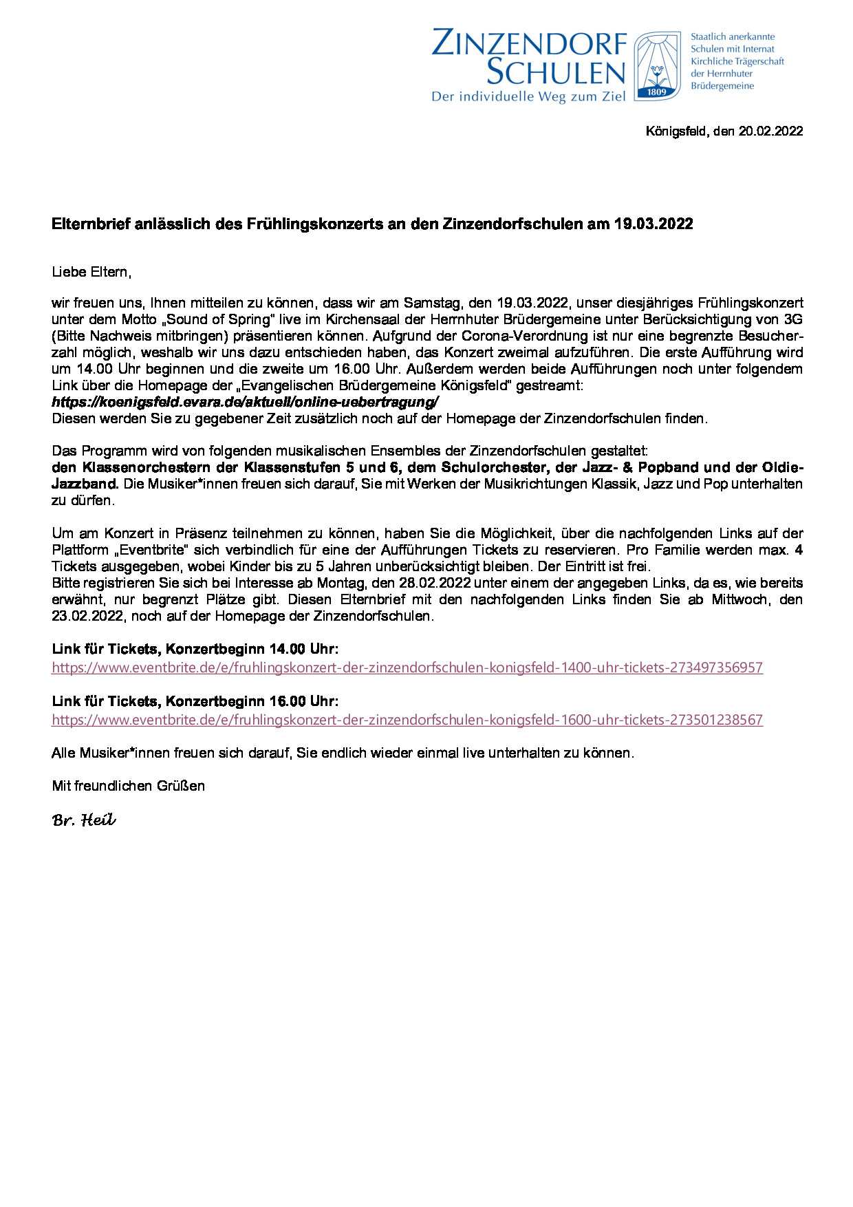 Elternbrief zum Frühjahrskonzert