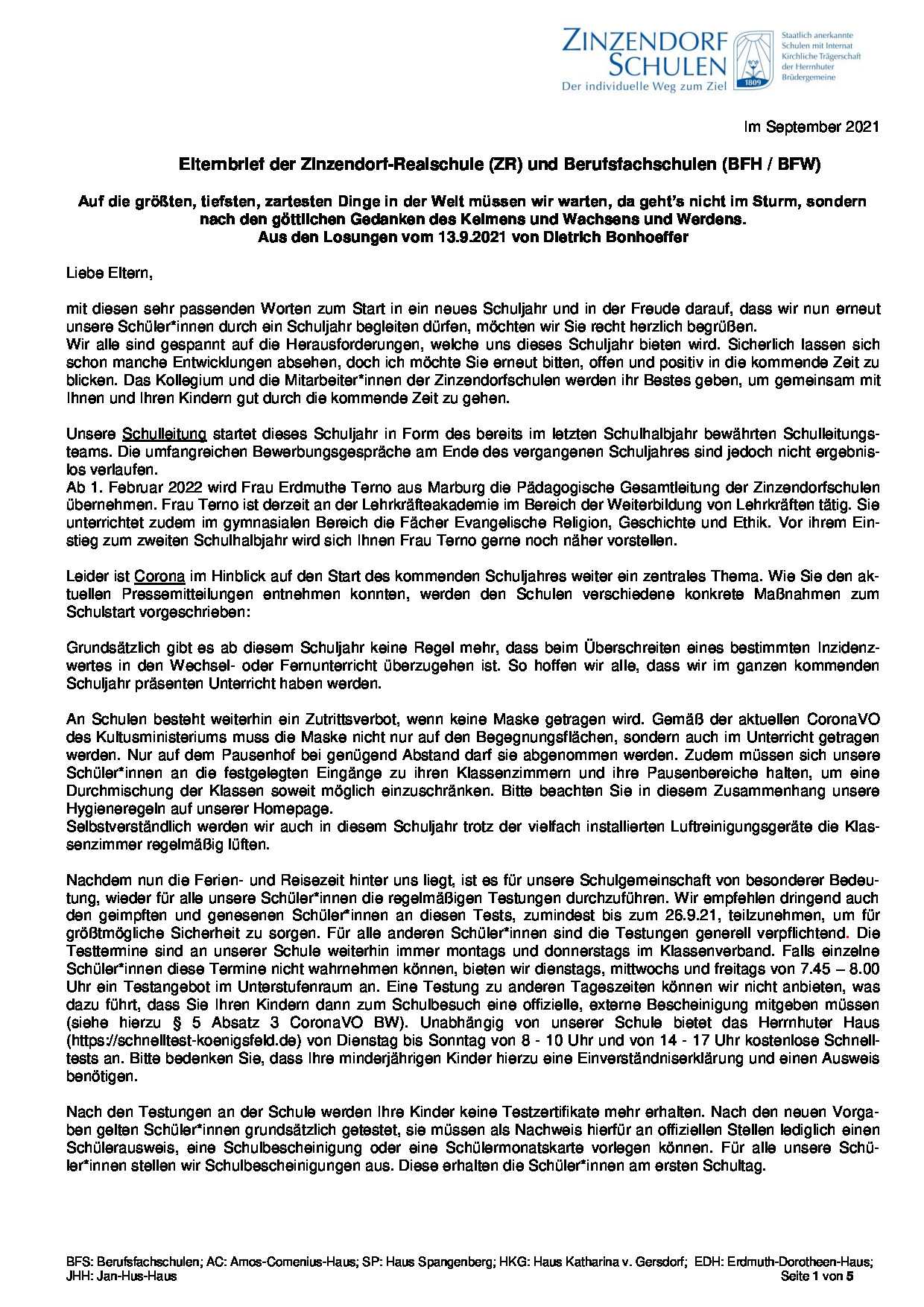 Elternbrief zum Schuljahresbeginn 2021-22 - Realschule und Berufsfachschule