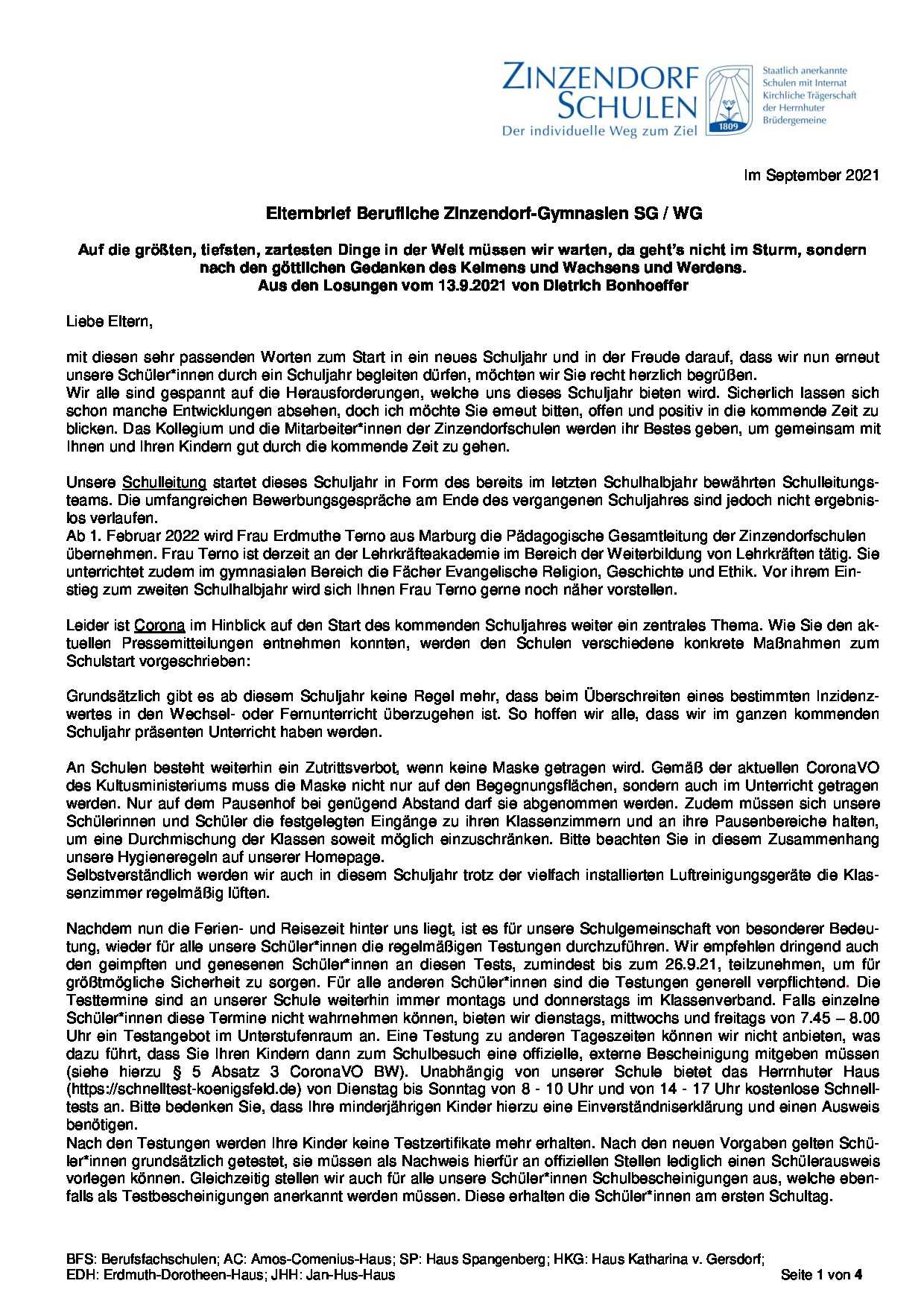 Elternbrief zum Schuljahresbeginn 2021-22 - Berufliche Gymnasien