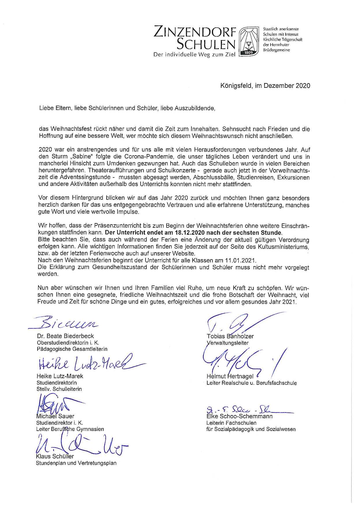Elternbrief vom 11. Dezember 2020