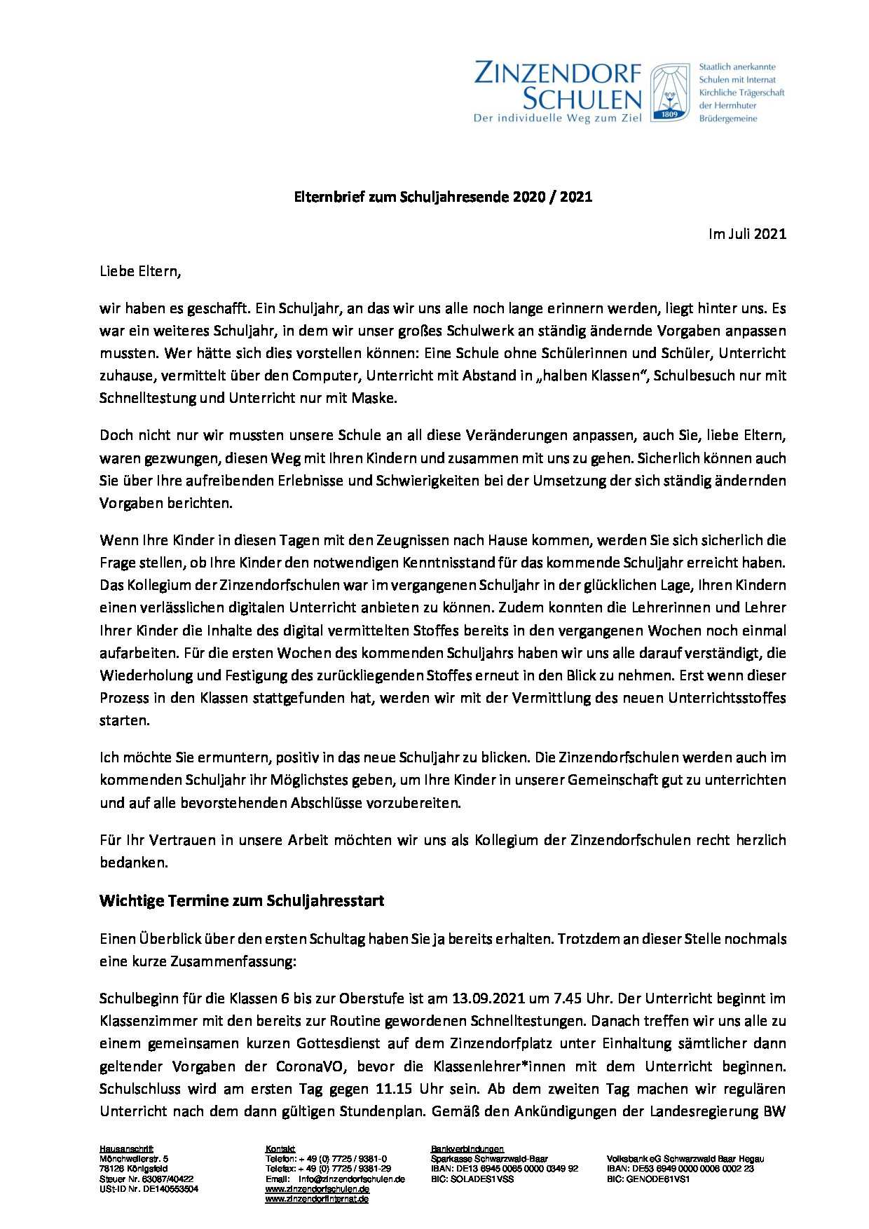Elternbrief zum Schuljahresende 2020 / 2021
