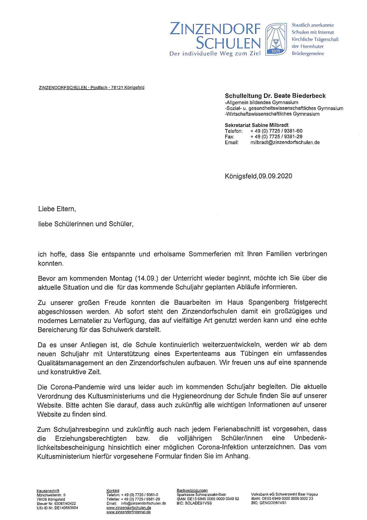 Elternbrief zum Schuljahresbeginn 2020-2021