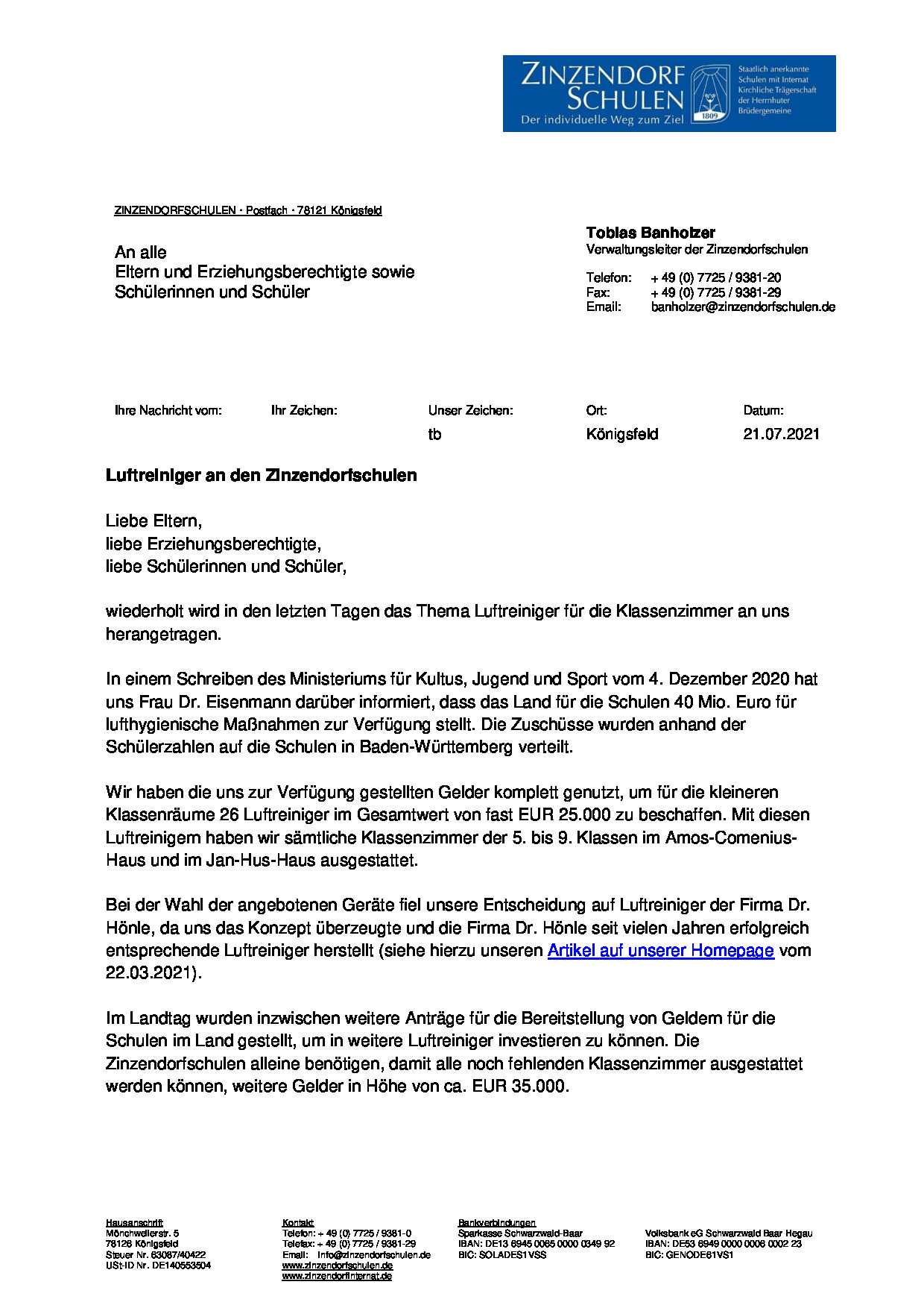 Luftreiniger an den Zinzendorfschulen